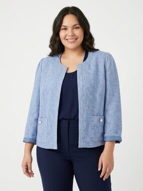 Chico’s Blue Linen Blazer Jacket Pearl Buttons Open Front Size 2 / US Large